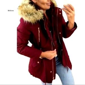YMI burgundy red classic winter jacket w/ golden accents and fur detailed hoodie
